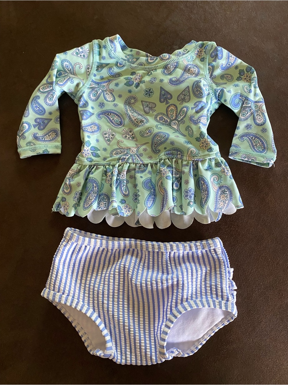 Ruffle Butts Mint Paisley Long-Sleeve Ruffle Swim Set with Blue Striped Bottoms